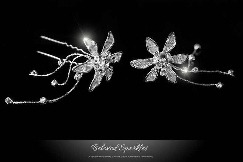 Kathy Silver Flower Hair Stick Pin | Rhinestone - Beloved Sparkles